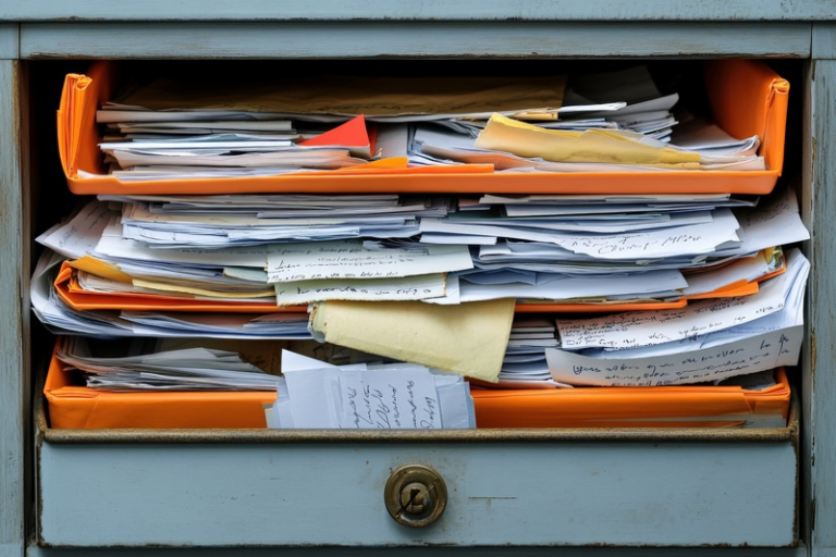 Tiroir débordant de documents administratifs, illustrant les papiers à présenter ou non lors d’un contrôle routier