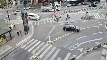 Intersection urbaine avec voitures, bus, vélos et piétons – Apprentissage du code de la route en ligne avec CER