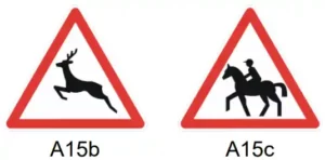 Panneaux de danger A15b et A15c du code de la route : traversée d’animaux sauvages et passage de cavaliers