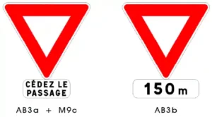Panneaux AB3a et AB3b indiquant un cédez-le-passage immédiat ou à distance – Code de la route CER