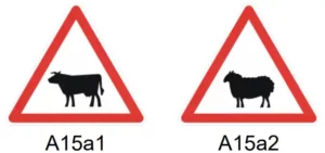 Panneaux de danger A15a1 et A15a2 signalant la présence d’animaux domestiques – Code de la route CER