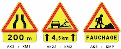 Panneaux de danger AK3, AK22 et AK5 associés aux panonceaux KM1, KM2 et KM9 précisant distance, portée et nature du danger – code de la route CER.
