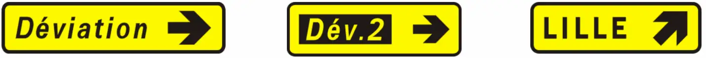 Panneaux KD43 de signalisation temporaire indiquant une déviation, avec variantes comme Dév.2 ou direction Lille – code de la route CER.